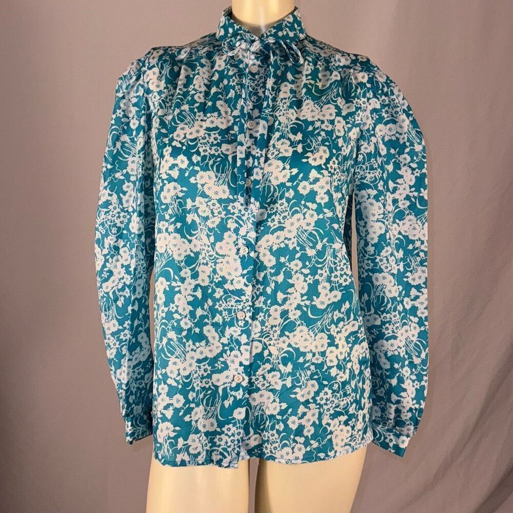 Vintage Blue Floral Print Blouse With Bow Size 14